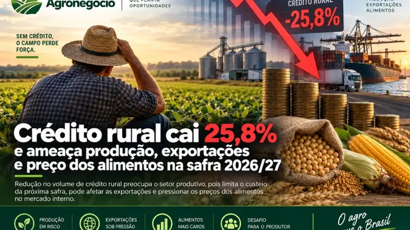 Crédito rural cai 25,8% e ameaça produção, exportações e preço dos alimentos na safra 2026/27